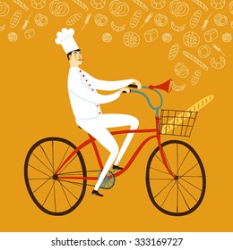 Cute cartoon chief baker with baguette on bicycle, Oktoberfest illustration for your design.