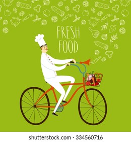 Cute cartoon chief baker on bicycle with fresh food in basket. Food illustration for your design.
