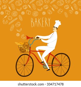 Cute cartoon chief baker on bicycle with fresh bakery in basket. Food illustration for your design.