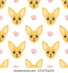 Patrón de cara de chihuahua de dibujos animados lindo y patrón transparente de impresión de pata rosa para el diseño.