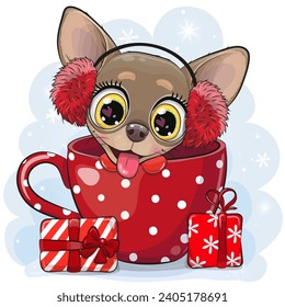 Cute Cartoon Chihuahua in a fur headphones is sitting in a red Cup