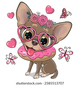 Cute cartoon Chihuahua girl with donut and flowers