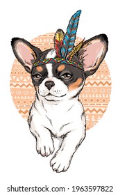 Cute cartoon chihuahua in indian headdress. Bright illustration in ethnic style. Stylish image for printing on any surface	