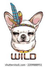 Cute cartoon chihuahua in indian headdress. Bright illustration in ethnic style. Stylish image for printing on any surface