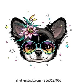 Cute cartoon chihuahua puppy with exotic flower . Summer illustration. Stylish image for printing on any surface	