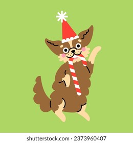  Cute cartoon chihuahua puppy with a red hat and candy cane. Hand drawn vector illustration. Funny Christmas dog character card template.