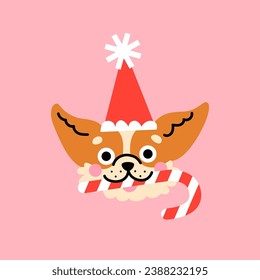 Cute cartoon chihuahua puppy with a red hat and candy cane. Hand drawn vector illustration. Funny Christmas dog character card template.