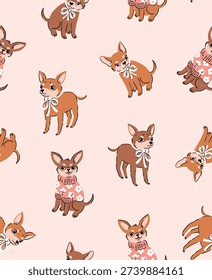 Cute Cartoon Chihuahua seamless pattern, vector dog illustration isolated on light pink background. little puppy repeat fabric design