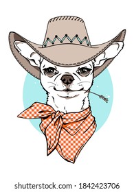 
Cute cartoon chihuahua wearing a cowboy hat. Stylish image for printing on any surface