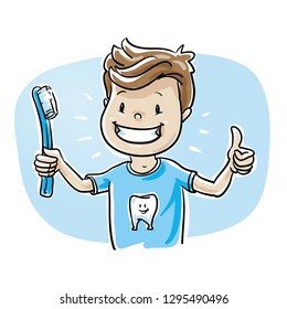 Cute cartoon child boy character with happy smile and tooth brush showing thumb up. Hand drawn cartoon sketch vector illustration, whiteboard marker style coloring. 