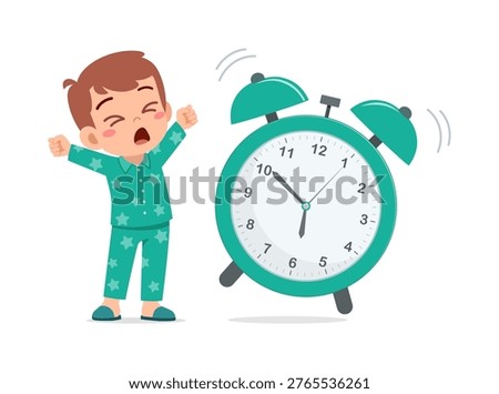 Cute cartoon child boy stretching and yawning waking up beside a ringing alarm clock happy morning routine