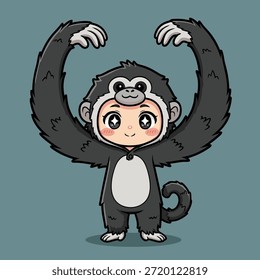 A cute cartoon child dressed in a monkey costume with arms raised.