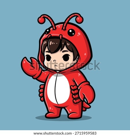 A cute cartoon child dressed in a red lobster costume with a white belly and claws, standing against a blue background.