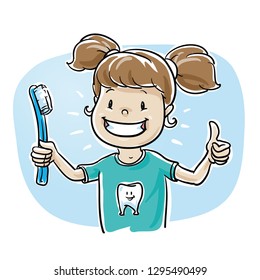 Cute cartoon child girl character with happy smile and tooth brush showing thumb up. Hand drawn cartoon sketch vector illustration, whiteboard marker style coloring. 