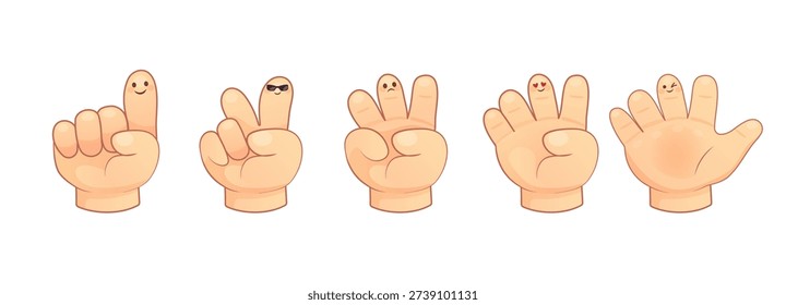 Cute cartoon child hands showing numbers from one to five with funny finger faces