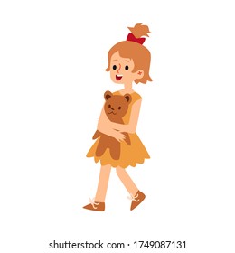 Cute cartoon child holding a teddy bear - flat isolated vector illustration on white background. Little girl kid in yellow dress walking with her favorite plush animal toy.