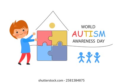 cute cartoon child and house of colorful puzzle. World awareness day background design celebrating poster modern flat vector