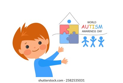 cute cartoon child and house of colorful puzzle. World awareness day background design celebrating poster modern flat vector