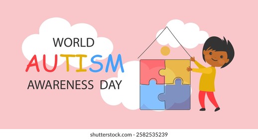 cute cartoon child and house of colorful puzzle. World awareness day background design celebrating poster modern flat vector