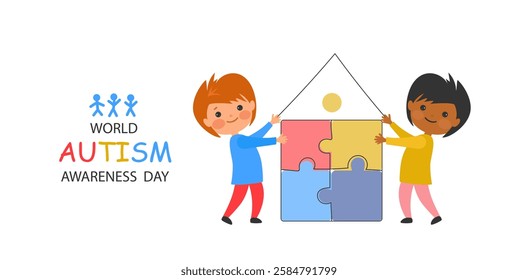 cute cartoon child and house of colorful puzzle. World awareness day background design celebrating poster modern flat vector