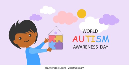 cute cartoon child and house of colorful puzzle. World awareness day background design celebrating poster modern flat vector