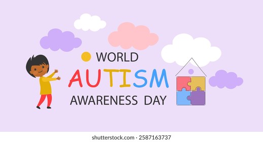 cute cartoon child and house of colorful puzzle. World awareness day background design celebrating poster modern flat vector