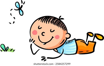 Cute cartoon child lying down, relaxed kid. Isolated illustration