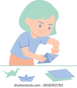 Cute cartoon child with mint green hair folding a blue paper boat, surrounded by other origami creations.