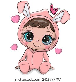 Cute cartoon child in a pink bunny costume