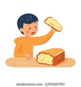 Cute cartoon child smiling while eating bread isolated