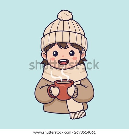 Cute Cartoon Child in Winter Clothes Holding Hot Drink . Vector Illustration of Cozy Seasonal Moment