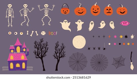 Cute cartoon childish illustration set for halloween skeleton pumpkin ghost star web house eyes trees spiders postcard autumn design spooky