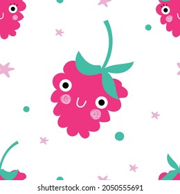 Cuto dibujo animado infantil sin costura con frambuesa sonriente, estrella, punto sobre fondo blanco. Ideal para prendas de vestir, textiles y prendas de vestir. Ilustración yummy de verano