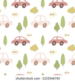 Cute cartoon childish seamless pattern with cars. Vector print for wall decor in children's bedroom.