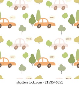 Cute cartoon childish seamless pattern with cars. Vector print for wall decor in children's bedroom.