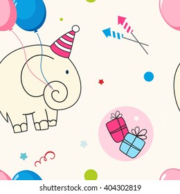 Cute cartoon childish seamless pattern with elephant and gift in vector. 