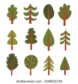 Cute cartoon childlike trees vector icons set