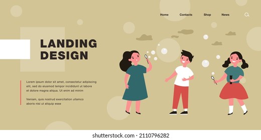 Cute cartoon children blowing soap bubbles outside together. Happy kids having fun in park flat vector illustration. Childhood, outdoor activity concept for banner, website design or landing web page