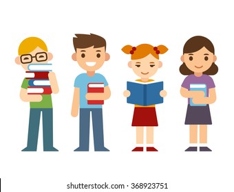 Cute cartoon children with books. Happy diverse kids, boys and girls. Modern flat vector style illustration.