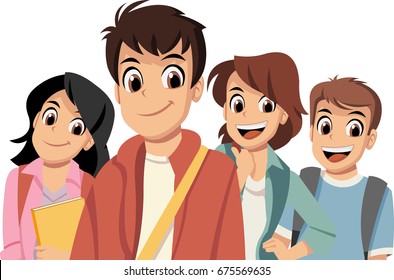 Cute cartoon children with books. Teenager students.
