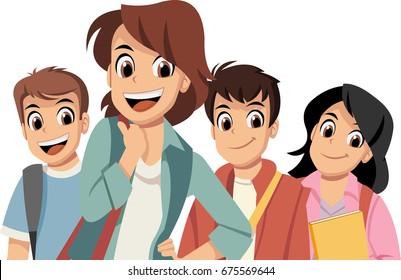 Cute cartoon children with books. Teenager students.
