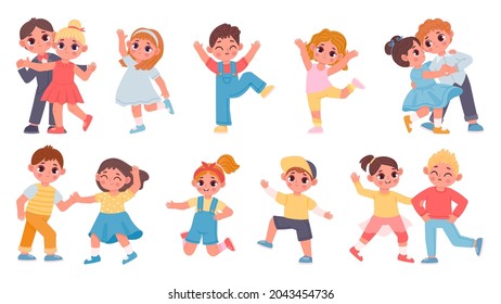 Cute cartoon children boys and girls dancing in couples. Kindergarten kids dance waltz, jump and have fun. Happy child characters vector set. Classical performance, entertainment for kids