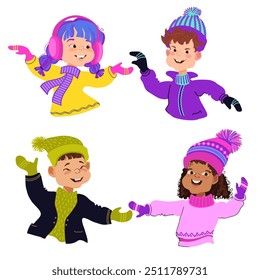 Cute cartoon children in bright winter clothes. Set of happy kids ready for winter outdoor activity. Diverse multiethnic boys and girls. Hand-drawn isolated colorful vector flat illustration.