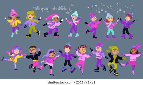 Cute cartoon children in bright winter clothes. Set of happy kids ready for winter outdoor activity. Bundle of diverse multiethnic boys and girls. Hand-drawn Colorful vector flat illustration.