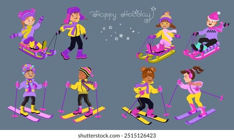 Cute cartoon children in bright winter clothes. Set of happy kids ready for outdoor activity. Bundle of diverse multiethnic boys and girls with ski and sled. Hand-drawn vector flat illustration.