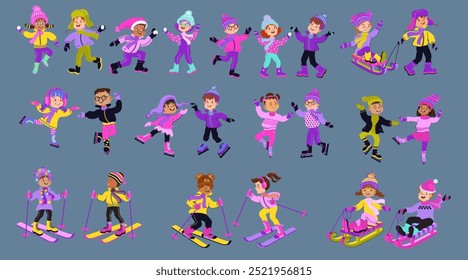 Cute cartoon children in bright winter clothes. Set of happy kids ready for outdoor activity. Bundle of diverse multiethnic boys and girls with ski and sled. Hand-drawn vector flat illustration.