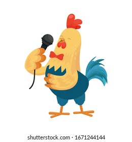 Cute Cartoon children character of rooster or chicken is singing with micrphone. Vector illustration isolated on white background for graphic design