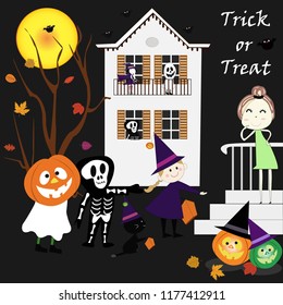 Cute cartoon a children in costume for Halloween having fun trick or treat with a women at her home, happy costume for Halloween night, illustration vector doodle comic art.