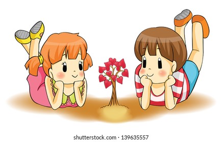 Cute cartoon children couple boy and girl watch a heart plant growing. Love will grow from childhood to adult. 