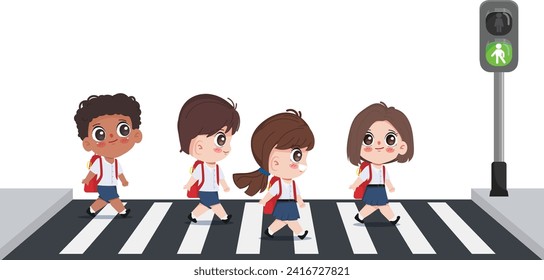 Cute cartoon children crossing the crosswalk by color traffic light.